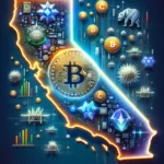 DALL·E 2024-02-15 22.50.23 - Visualize a futuristic California map intertwined with digital currency symbols and Coinbase logo, highlighting the significant number of 8.2 million